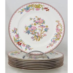 Minton modèle Cuckoo, Coucou, 8 assiettes de table en porcelaine peintes main, 26 cm.
