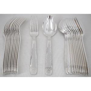 12 Dessert Cutlery Grand Prix Model, Art Deco, 24 Pieces In Silver-plated Metal.