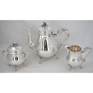 Christofle Marly Model, 3-piece Tea Service, Teapot, Sugar Bowl, Milk Jug, Silver-plated Metal.