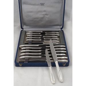 Alfénide, Christofle Cirta Model, Art Deco24 Knives: 12 Table Knives + 12 Dessert Knives.