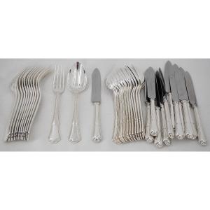 Ercuis Victoria Model, Contours, Dessert Set, 36 Pieces, Knives, Silver-plated Metal.