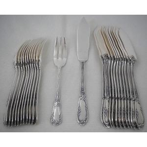 Ercuis Model Louis XV Fleuri, 12 Pieces Of 24-piece Silver-plated Fish Cutlery.
