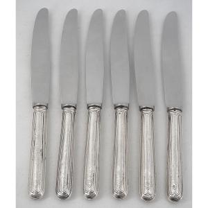 6 Solid Silver Table Knives, 18th Century, Coat Of Arms, Filet.