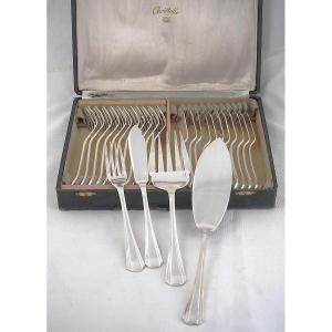 Christofle Boréal Art Déco 12 Fish Cutlery Sets + Serving Set, 26 Pieces, Silver-plated Metal