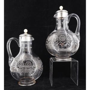Baccarat, Pair Of Engraved Crystal And Solid Silver Decanters, In Excellent Condition.