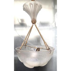 René Lalique, Pendant Light, Opalescent Chandelier, "dalhias," Signed, In Excellent Condition.