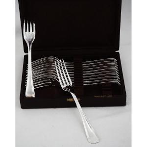 Christofle modèle América, 12 fourchettes à entremets, 17 cm, métal argenté, excellent état.