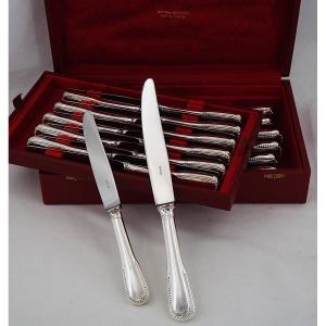 Ercuis modèle Perles, 24 couteaux, 12 de table + 12 à fromage, métal argenté, proches neufs.