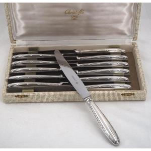 Christofle modèle Rubans, 12 couteaux de table en métal argenté, excellent état.