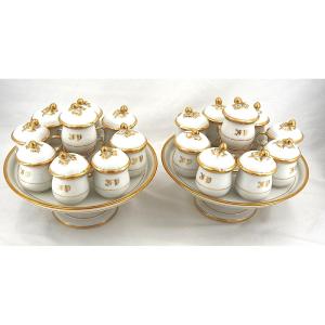18 Parisian Porcelain Cream Jars, 19th Century, On 2 Original Display Stands, In Excellent Condition.