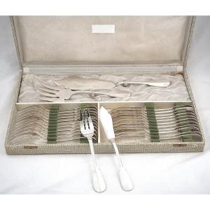 Ercuis modèle Valois, Uniplat, ménagère à poisson, 26 pièces, métal argenté, excellent état.