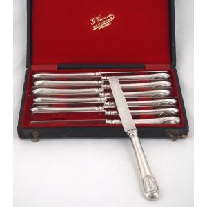 12 couteaux à fruits, lames et manches argent Minerve, guillochés, Napoléon III.