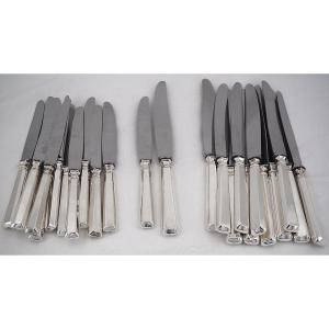 Art Deco Cutlery Set, 24 Pieces: 12 Dinner Knives + 12 Dessert And Cheese Knives.
