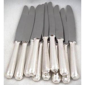 Christofle "américa" Model, Art Deco, 12 Table Knives, Silver-plated Metal, Excellent Condition.