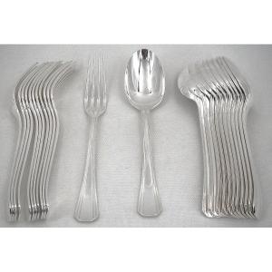 Christofle "américa" Model, 12-piece Dessert And Dessert Spoon Set, 24 Pieces, Art Deco, 18 Cm.