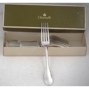 Christofle modèle Cluny, 12 fourchettes à entremets, dessert, 17 cm, métal argenté.