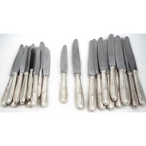 Artois-style Cutlery Set, 24 Knives (12 Dinner Knives + 12 Dessert Knives), Silver-plated Cheese Knife.
