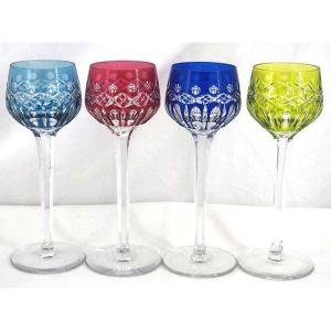 Saint Louis Traminer Model, 4 Rhine Roemer Glasses, Crystal, Colored, Signed, In Excellent Condition.