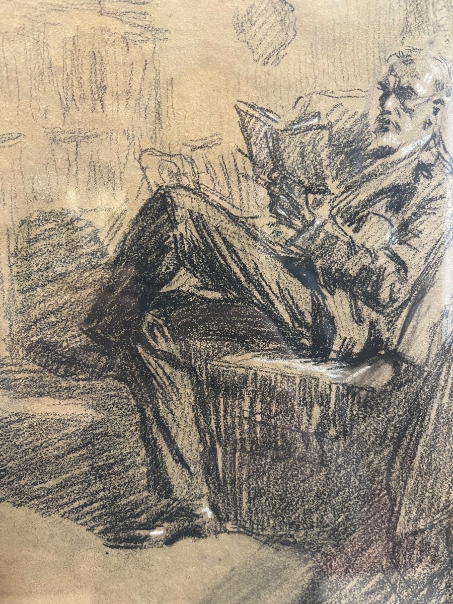 Fusain sur papier, Homme lisant  dans sa bibliothèque -photo-3