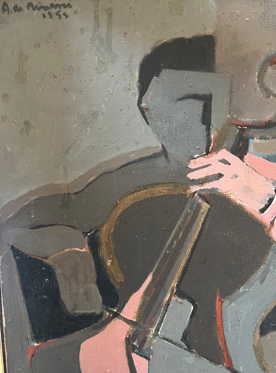 Violoncelliste, Huile sur toile signée, 1954-photo-3
