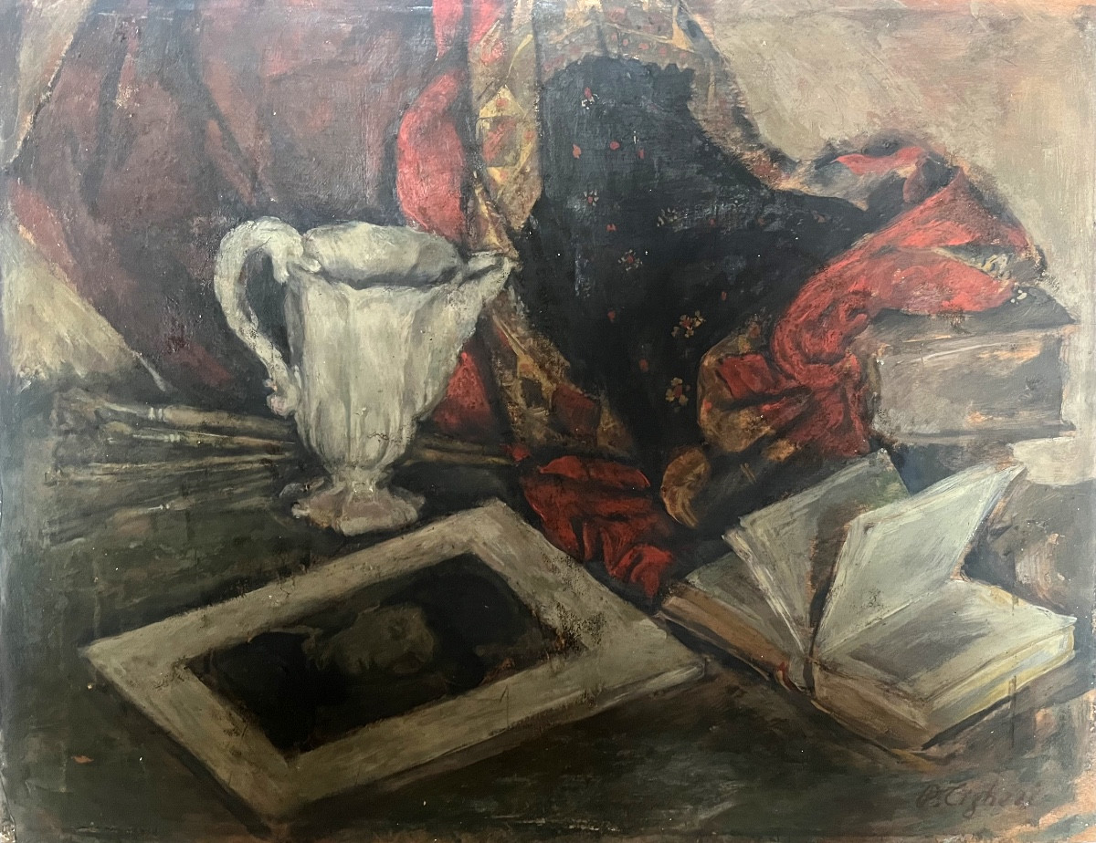 Still Life With Pitcher, Open Book, And Portrait