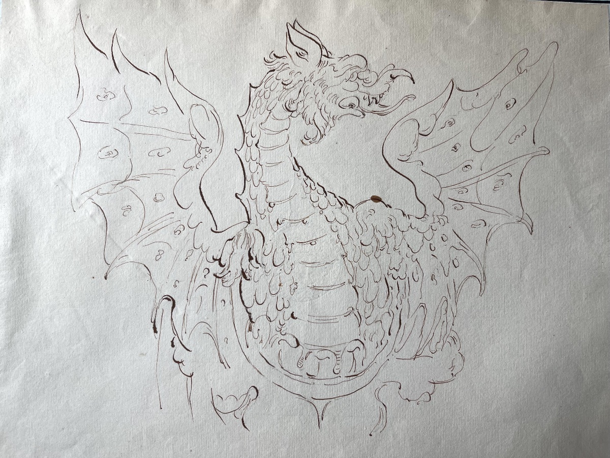 An Antique Drawing Of A Dragon From The 1700s