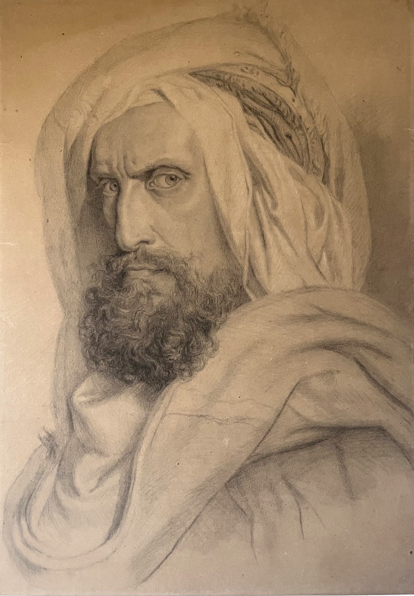 Portrait Of A Man Wearing A Turban – Orientalist Academic Drawing, 19th Century