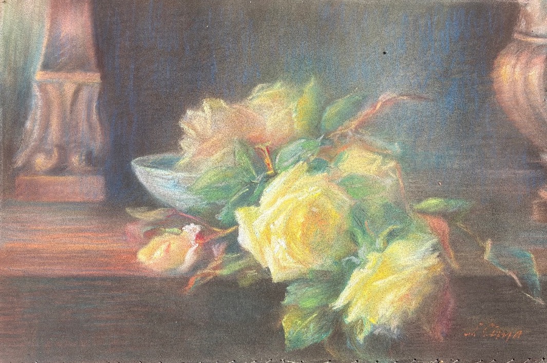Still Life With Roses, Pastel On Cardboard