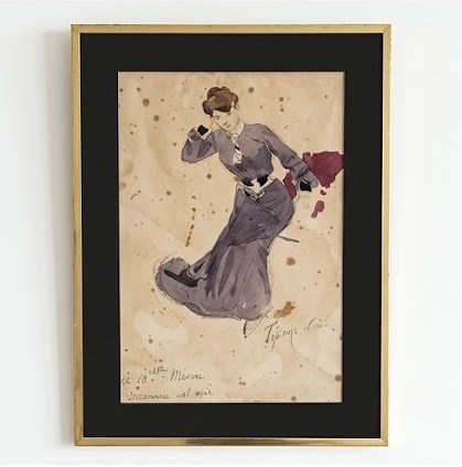 Dessin d’une élégante au chapeau et à la robe violette