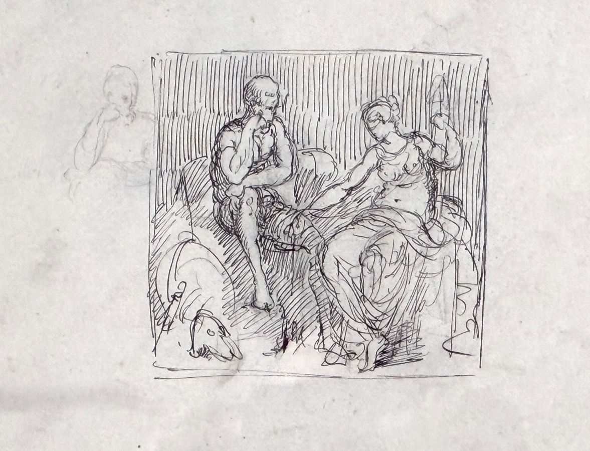Dessin à la plume - Scène mythologique classique (Mars et Vénus)