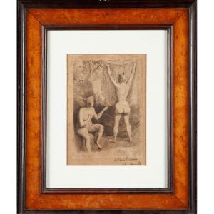 Lithographie deux femmes au bain de Pierre-Oswald Heidbrink (1852-1914)