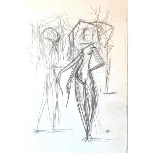 Dessin d’Enrico Brandani (1914–1979) – La veuve et la mariée ou les vierges folles