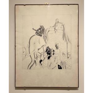 Large Exotic Procession With An Elephant (art Deco Style, C. 1920–1930)