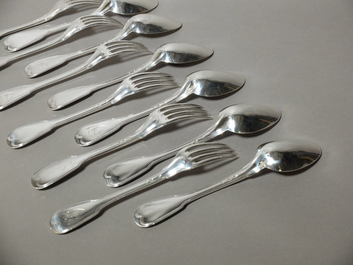 Set Of 12 Solid Silver Cutlery, Filet Model, Hallmarked With The 1st Rooster (1798-1809)-photo-2