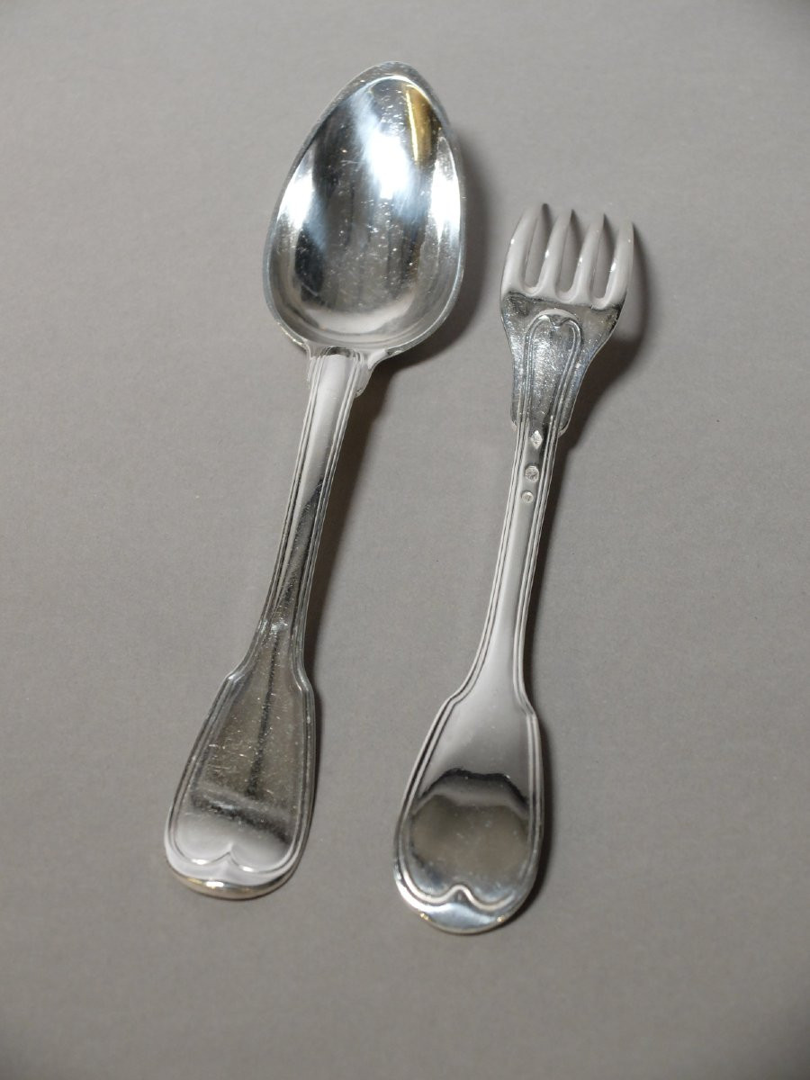 Set Of 12 Solid Silver Cutlery, Filet Model, Hallmarked With The 1st Rooster (1798-1809)-photo-3