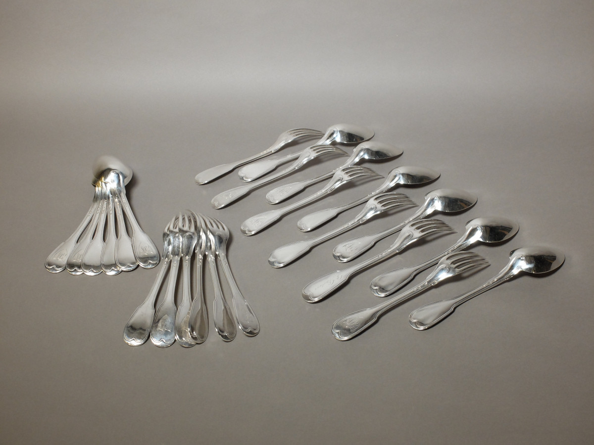 Set Of 12 Solid Silver Cutlery, Filet Model, Hallmarked With The 1st Rooster (1798-1809)