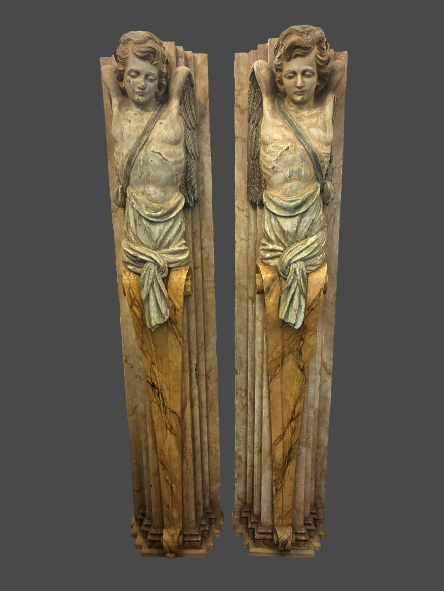 Pair Of Large Sculpted Angels In A Sheath - 19th Century