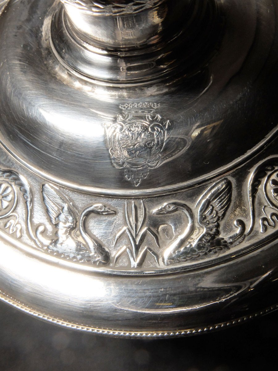Pair Of Solid Silver Candlesticks, With The Count's Coat Of Arms, By Denis Garreau-photo-2