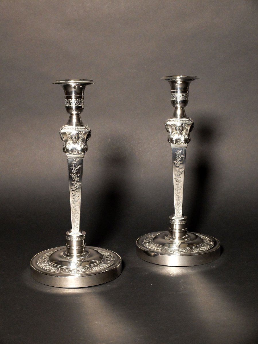 Pair Of Solid Silver Candlesticks, With The Count's Coat Of Arms, By Denis Garreau