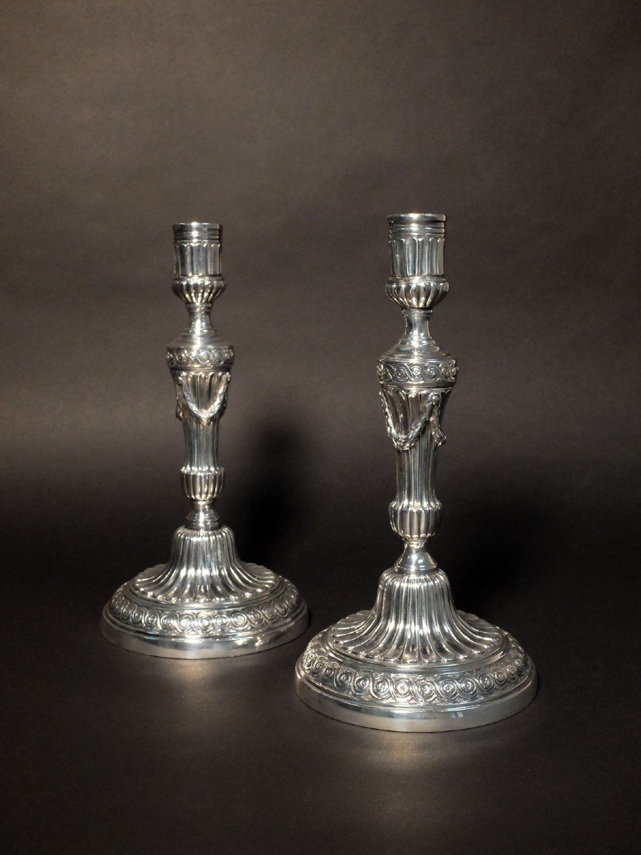 Pair Of Louis XVI Period Silvered Bronze Candlesticks-photo-2