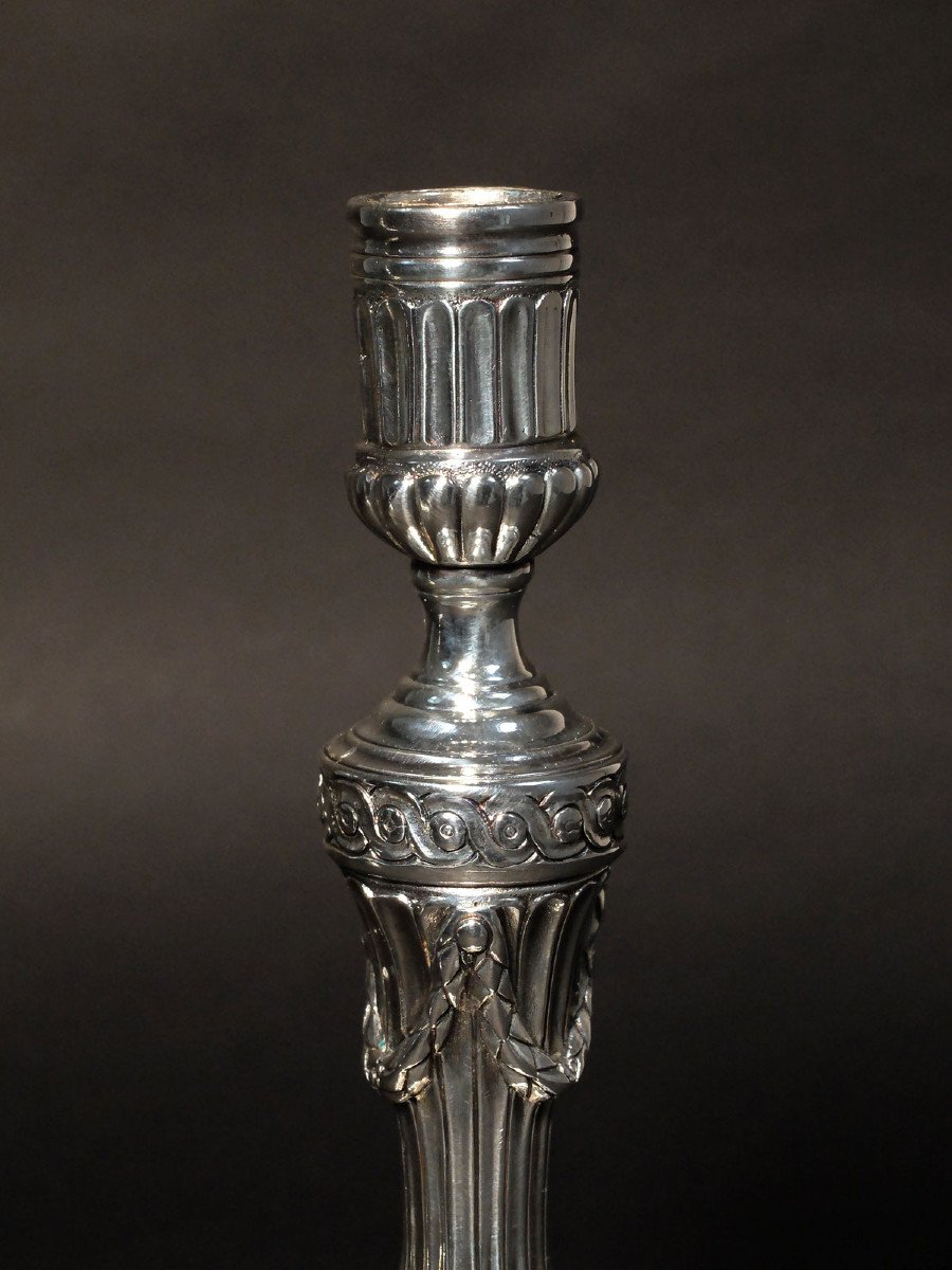 Pair Of Louis XVI Period Silvered Bronze Candlesticks-photo-3