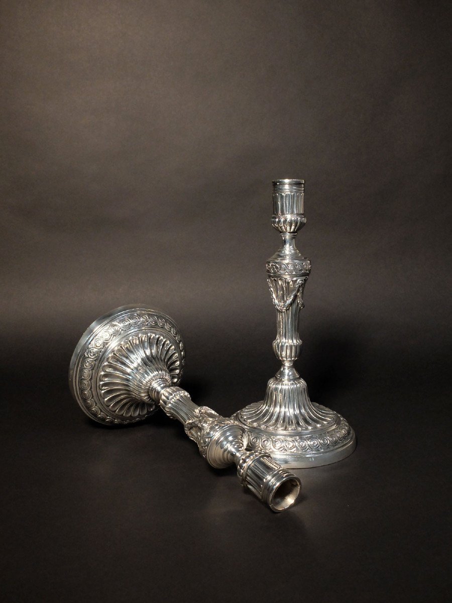 Pair Of Louis XVI Period Silvered Bronze Candlesticks