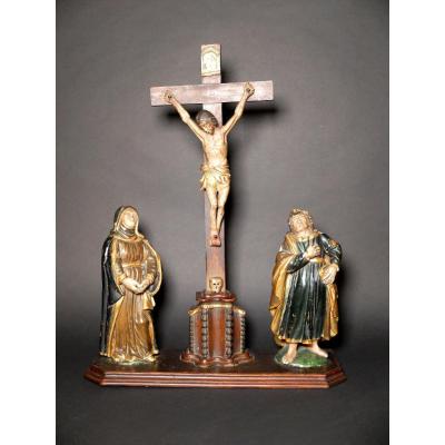 Groupe en bois sculpté - La Crucifixion 