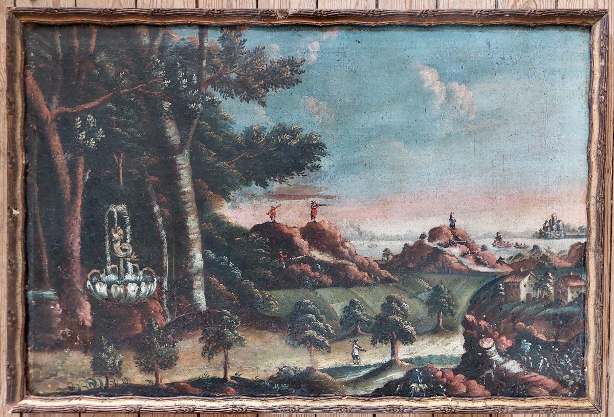 18th Century Navy School Painting Curious Combat Scene By The Sea
