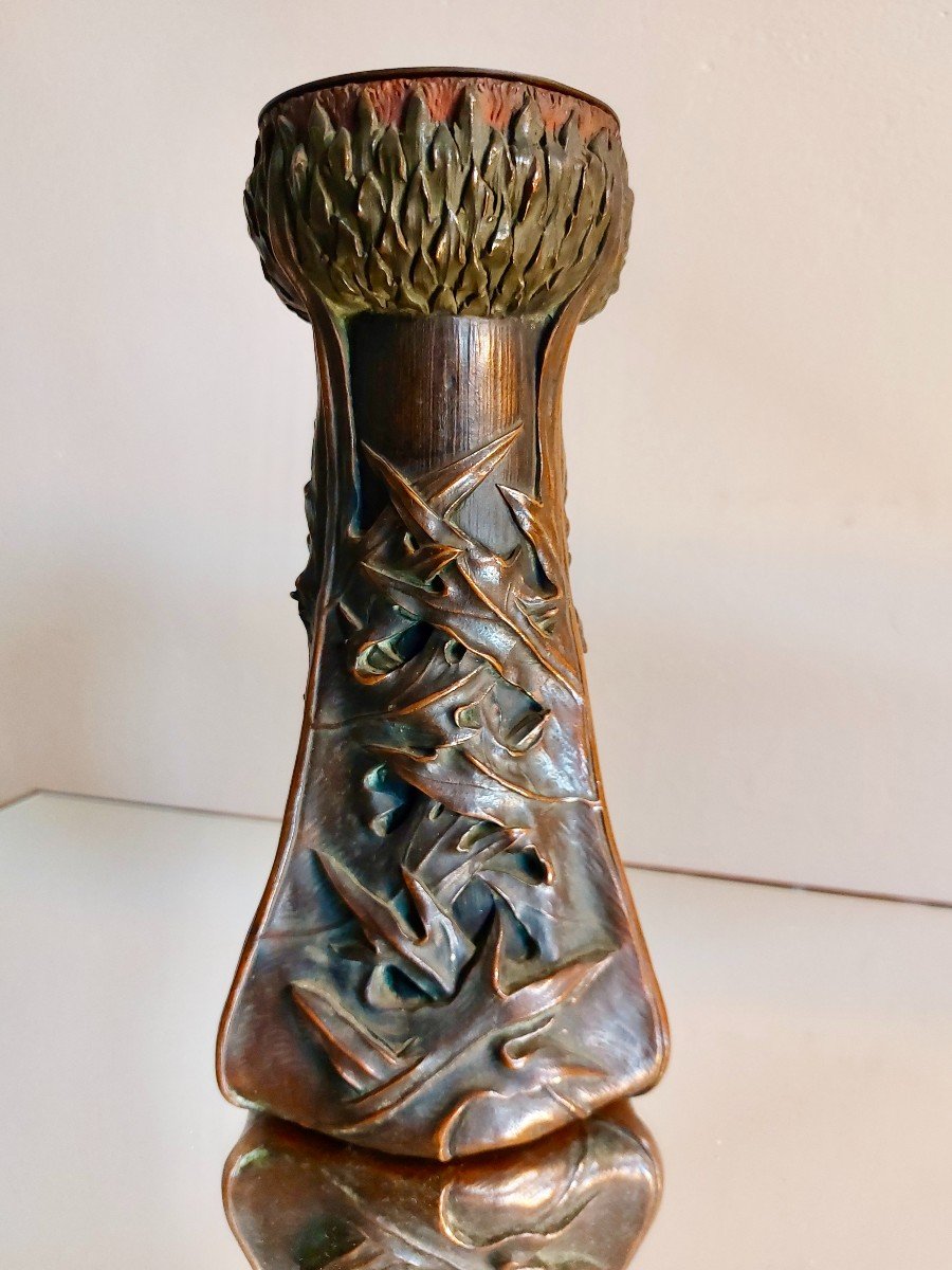 Art Nouveau Vase In Bronze With Naturalist Decorations Signed Géo Cachet Fm