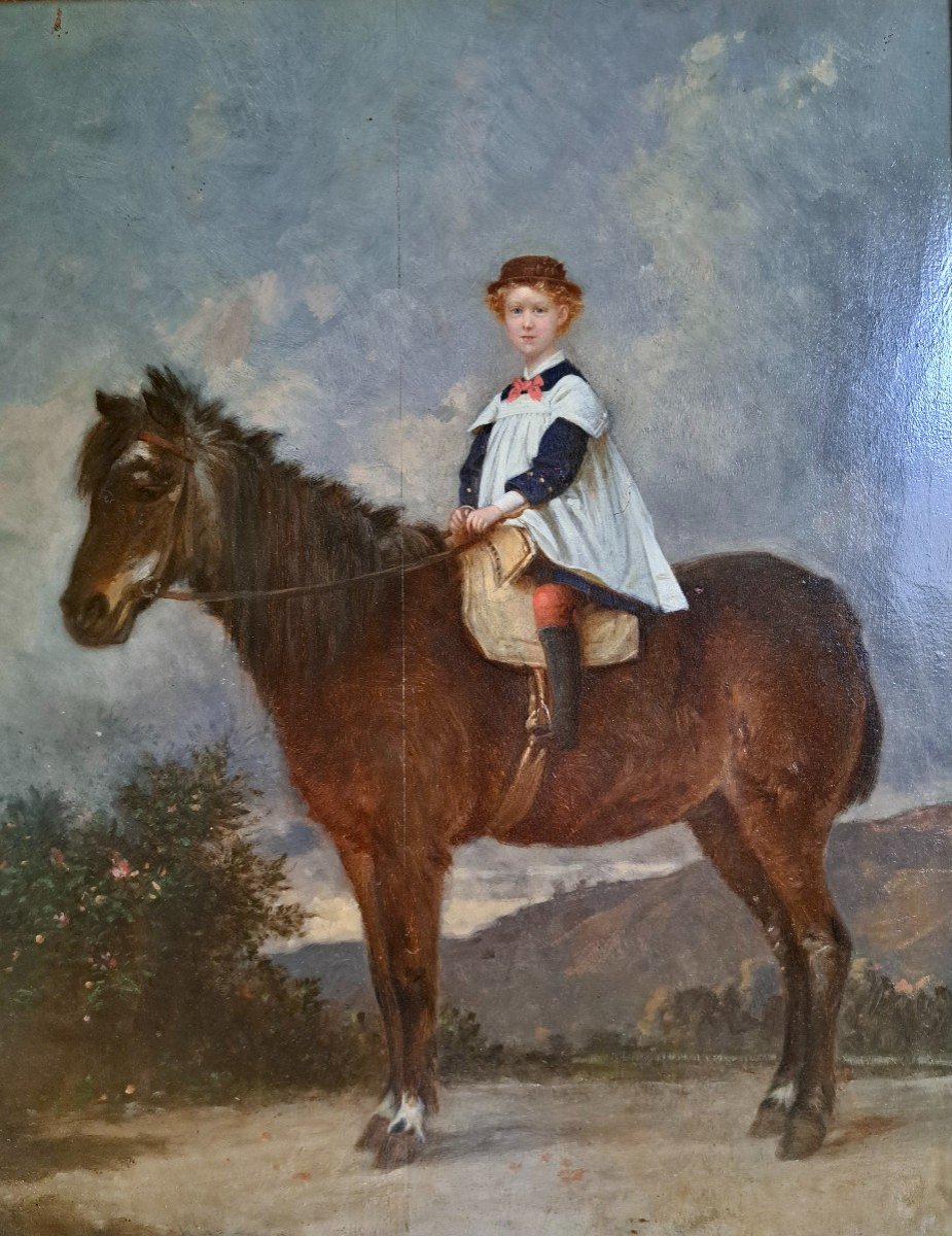 École Anglaise  Napoléon III portrait d'une jeune fille à cheval 