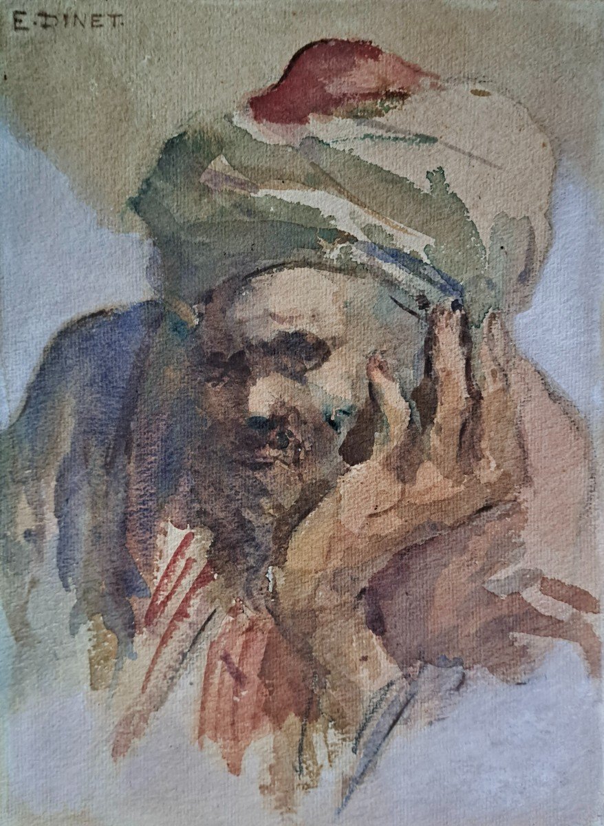 Portrait d'homme au turban aquarelle orientaliste signée E DINET