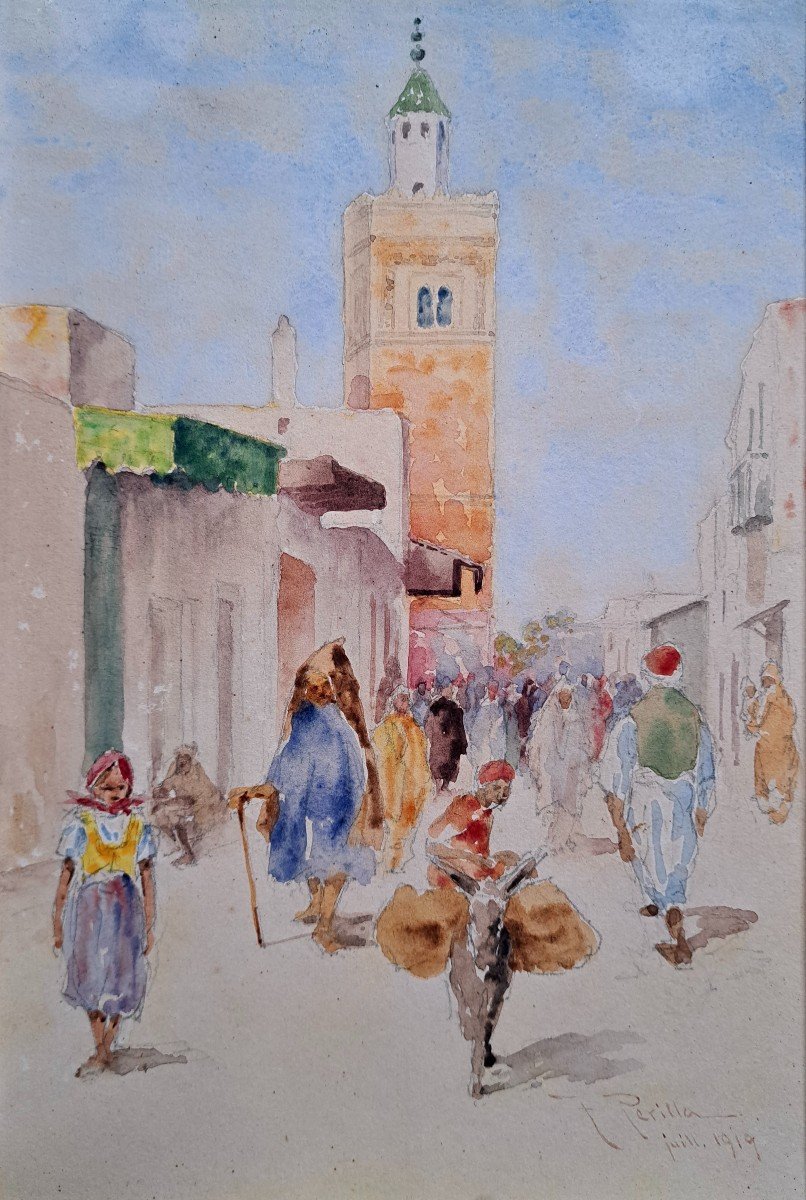 Francesco Périlla (1874-1954) Aquarelle orientaliste Afrique du nord mosquée 