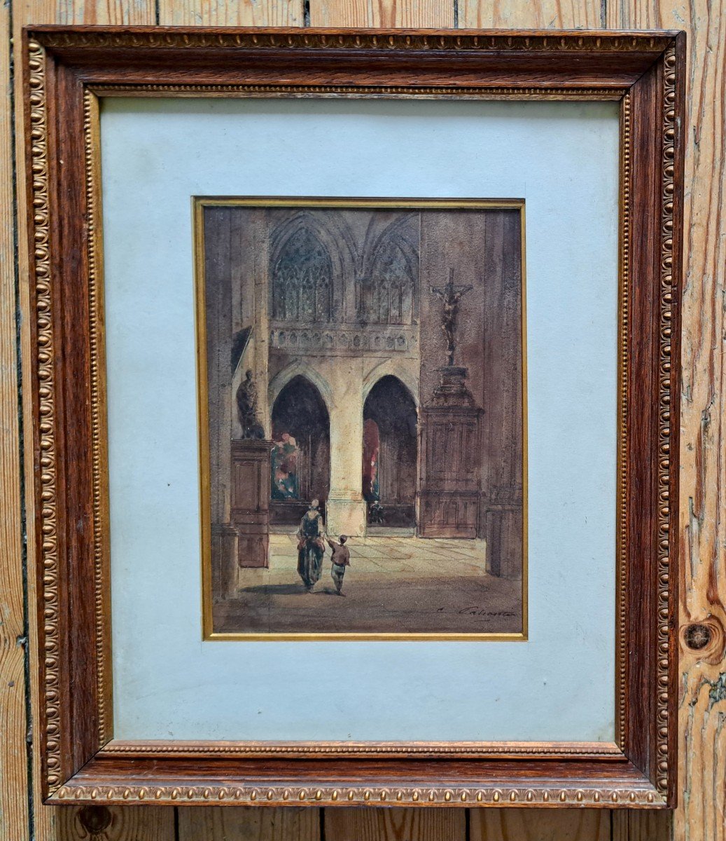Charles Marie Palianti (1815 - XXe)  Mère et son enfant à  l'intérieur d'une cathédrale  Aquarelle-photo-2