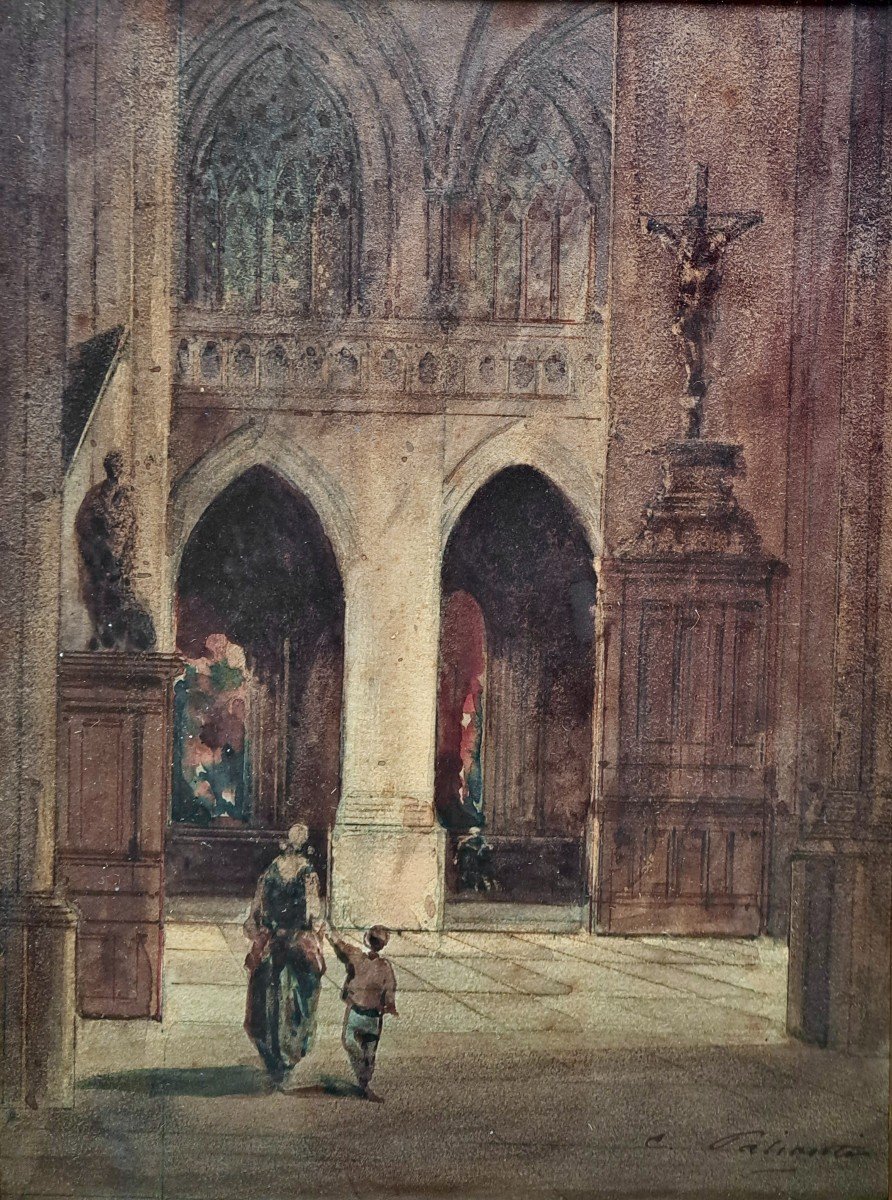Charles Marie Palianti (1815 - XXe)  Mère et son enfant à  l'intérieur d'une cathédrale  Aquarelle